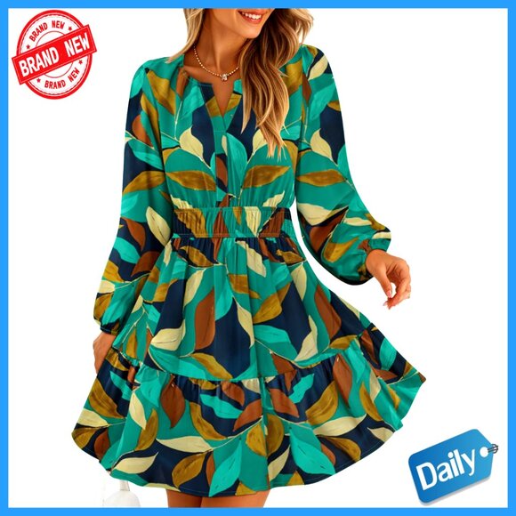 Dresses & Skirts - Long Sleeve Floral Mini Dress Boho V Neck A-Line Flowy Beach Vacation